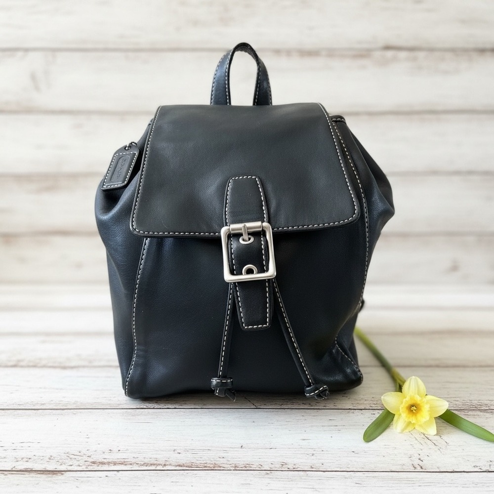 Coach Vintage Style Black Leather Mini Backpack Buckle Drawstring Bag